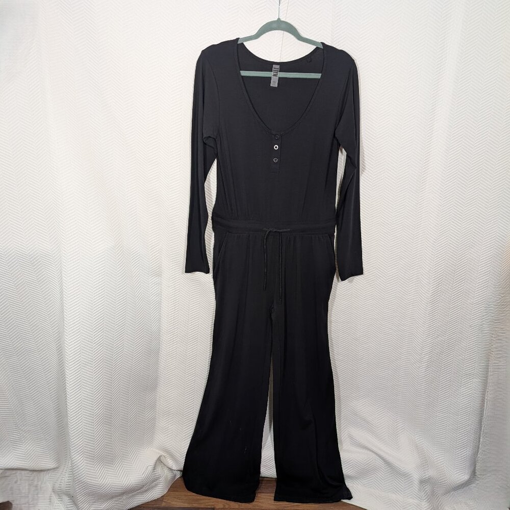 TTFN Black Henley Jumpsuit Wide Leg Cotton Modal Medium Pockets Casual Lounge